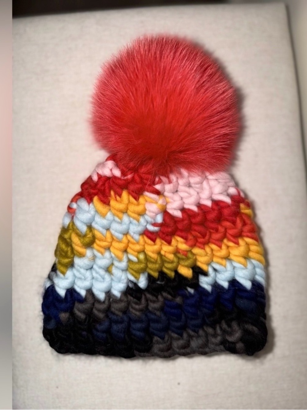 Mischa Lampert Merino Wool Colorblock Beanie XL Fox Fur Pom Pom Handmade NYC